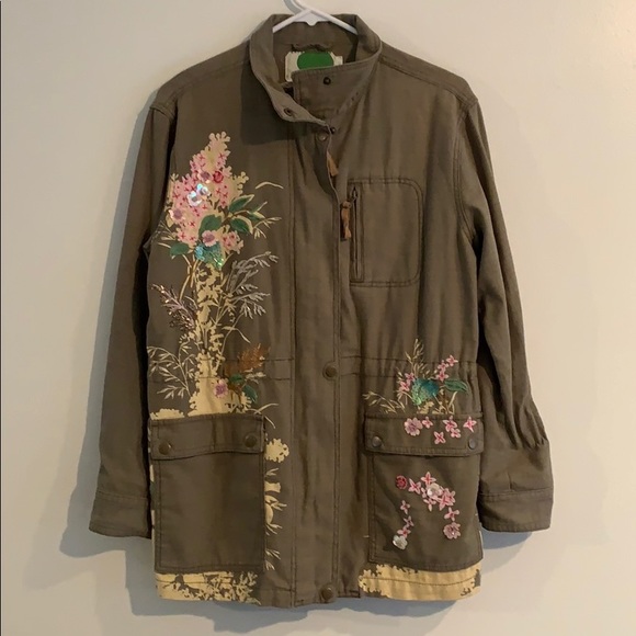 Anthropologie Jackets & Blazers - Anthropologie Army Green Embroidered Floral Jacket